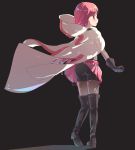  1girl ass ayaki_ichigo belt bike_shorts black_background black_footwear black_gloves black_legwear blush bodystocking boots cape clenched_hand from_behind gloves hood long_hair looking_back magia_record:_mahou_shoujo_madoka_magica_gaiden mahou_shoujo_madoka_magica miniskirt pink_eyes pink_hair pink_skirt ponytail shorts shorts_under_skirt simple_background skirt skirt_tug solo tamaki_iroha thigh-highs thigh_boots white_cape wind wind_lift 