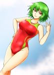  1girl blue_background breasts competition_swimsuit d-m_(dii_emu) dutch_angle green_hair hand_on_hip highres kazami_yuuka medium_breasts one-piece_swimsuit red_eyes red_swimsuit short_hair smile solo swimsuit touhou 
