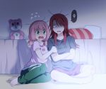  2girls arm_grab bang_dream! bangs barefoot bed black_shirt clothes_writing commentary_request crossed_arms flying_sweatdrops green_eyes green_pants indian_style long_hair low_twintails messy_hair multiple_girls pants pillow pink_hair pink_shirt re_ghotion redhead scared shirt short_twintails shorts sitting sitting_on_floor t-shirt tears teddy turn_pale twintails udagawa_tomoe uehara_himari watching_television yokozuwari 