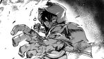  1boy attacking_viewer clenched_hand greyscale hood hood_up jacket looking_at_viewer male_focus monochrome open_clothes open_jacket original scar shaded_face solo tabigarasu_(mahjong_yuugen_gaisha_58) upper_body 