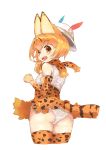  1girl animal_ears ass blonde_hair commentary_request hat highres kemono_friends looking_at_viewer looking_back open_mouth serval_(kemono_friends) serval_ears serval_print short_hair simple_background solo visark white_background 