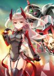  1girl armor armored_boots azur_lane bangs boots breasts cowboy_shot dress embers evening eyebrows_visible_through_hair garter_straps german_flag gloves hair_between_eyes headgear highres iron_cross long_hair long_sleeves mecha medium_breasts oshishio outdoors prinz_eugen_(azur_lane) short_dress shrug_(clothing) sideboob silver_hair soukou_kihei_votoms thigh-highs thigh_boots thighs two_side_up wind yellow_eyes 