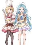  2girls ;d apron bare_shoulders beige_apron black_footwear black_legwear blonde_hair blue_eyes blue_hair blush boots brown_eyes chef_hat djeeta_(granblue_fantasy) frilled_apron frills granblue_fantasy green_ribbon hair_ornament hair_ribbon hairclip hat head_tilt ladle long_hair low_twintails lyria_(granblue_fantasy) mixing_bowl multiple_girls one_eye_closed open_mouth pink_skirt puffy_short_sleeves puffy_sleeves ribbon shirt short_hair short_sleeves simple_background skirt smile spatula thigh-highs thigh_boots toque_blanche twintails very_long_hair wataame27 whisk white_apron white_background white_hat white_shirt 