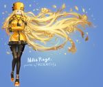  1girl absurdly_long_hair artist_name black_legwear blonde_hair blue_background blue_eyes character_name crossed_arms dress fingerless_gloves flower gloves guilty_gear guilty_gear_xrd hat highres long_hair long_sleeves millia_rage mistcastle orange_dress orange_hat pantyhose prehensile_hair short_dress solo very_long_hair 