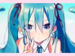  1girl aqua_hair artist_name bangs bare_shoulders blue_eyes blue_neckwear blurry blurry_background blush cake_(isiofb) closed_mouth collared_shirt commentary_request depth_of_field eyebrows_visible_through_hair hair_between_eyes hair_ribbon hand_up hatsune_miku heart_in_eye letterboxed long_hair looking_at_viewer necktie red_ribbon revision ribbon shirt sleeveless sleeveless_shirt solo twintails vocaloid white_shirt 