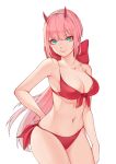  1girl absurdres bikini breasts cleavage closed_mouth darling_in_the_franxx green_eyes hand_on_hip highres horns long_hair medium_breasts navel pink_hair ponytail qaq red_bikini simple_background smile solo swimsuit white_background zero_two_(darling_in_the_franxx) 