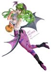  1girl animal_print ass b.c.n.y. bat bat_print bat_wings black_leotard breasts candy demon_girl food from_behind green_eyes green_hair halloween halloween_basket head_wings highres leotard low_wings morrigan_aensland pantyhose print_legwear purple_legwear succubus vampire_(game) wings 