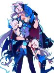  1boy 3girls ahoge angry blue_eyes braid chiliarch_(elsword) ciel_(elsword) closed_eyes demon_girl demon_tail demon_wings diabla_(elsword) dreadlord_(elsword) elsword gloves hair_ornament hairclip hands_on_another&#039;s_face highres hood horns hug long_hair luciela_r._sourcream mellchi multiple_girls multiple_persona noblesse_(elsword) pants_pull pins saliva symbol-shaped_pupils tail tattoo thigh-highs tiara twintails vest white_hair wings 