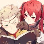  1boy 1girl blonde_hair book cheek_pinching eudes_(fire_emblem) fire_emblem fire_emblem:_kakusei fire_emblem_if green_eyes holding holding_book luna_(fire_emblem_if) odin_(fire_emblem_if) pinching reading red_eyes redhead selena_(fire_emblem) smile twintails 