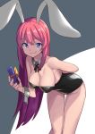  1girl :3 animal_ears bangs bare_shoulders bent_over black_leotard blue_eyes breasts bunnysuit cleavage closed_mouth detached_collar eyebrows_visible_through_hair gift highres holding holding_gift leotard long_hair looking_at_viewer medium_breasts original pink_hair rabbit_ears saiste sidelocks smile solo thighs wrist_cuffs 