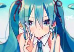  1girl aqua_hair artist_name bangs bare_shoulders blue_eyes blue_neckwear blurry blurry_background blush cake_(isiofb) closed_mouth collared_shirt commentary_request depth_of_field eyebrows_visible_through_hair hair_between_eyes hair_ribbon hand_up hatsune_miku heart_in_eye long_hair looking_at_viewer necktie red_ribbon ribbon shirt sleeveless sleeveless_shirt solo twintails vocaloid white_shirt 