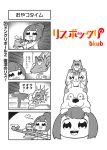 1girl 4koma :3 :d artist_name aura bangs bkub butter cat comic dog drooling fang flying food greyscale monochrome open_mouth pancake ponytail risubokkuri shirt short_hair simple_background smile speech_bubble squirrel stack_of_pancakes syrup talking translation_request two-tone_background two_side_up utensil 