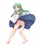 1girl accidental_exposure antenna_hair ass bangs bare_legs bare_shoulders barefoot blue_eyes blue_neckwear blue_skirt blush breasts detached_sleeves eyebrows_visible_through_hair frog_hair_ornament from_behind green_hair hair_ornament hair_tubes highres kochiya_sanae leaning_forward legs_apart long_hair long_skirt long_sleeves looking_at_viewer looking_back medium_breasts miyo_(ranthath) necktie no_legwear panties simple_background single_sidelock skirt skirt_lift snake_hair_ornament solo tareme touhou underwear upskirt white_background white_panties wind wind_lift