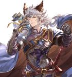  1boy ;o animal_ears armor belt blue_cape blue_hair cape erune gauntlets gift granblue_fantasy looking_at_viewer male_focus minaba_hideo official_art one_eye_closed seruel solo sword transparent_background upper_body weapon white_day yellow_eyes 