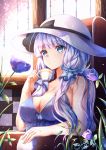  1girl armchair azur_lane bangs bare_arms bare_shoulders black_bow blue_eyes blush bow breasts chahei chair checkered cleavage closed_mouth commentary_request cup dated dress eyebrows_visible_through_hair flower hair_ornament hat hat_bow highres holding holding_cup illustrious_(azur_lane) indoors large_breasts long_hair looking_away purple_dress purple_flower signature silver_hair sleeveless sleeveless_dress smile solo sunlight very_long_hair white_hat window 