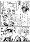  5girls :d ^_^ ^o^ aquila_(kantai_collection) ark_royal_(kantai_collection) capelet closed_eyes comic commentary_request gambier_bay_(kantai_collection) graf_zeppelin_(kantai_collection) greyscale hair_between_eyes hairband hat high_ponytail highres intrepid_(kantai_collection) kantai_collection long_hair long_sleeves military military_uniform monochrome multiple_girls munmu-san open_mouth peaked_cap ponytail short_hair short_sleeves side_ponytail smile speech_bubble tiara translation_request twintails uniform 