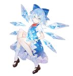  1girl bloomers blue_bow blue_dress blue_eyes blue_hair bow brown_footwear cirno closed_mouth dress full_body hair_bow head_tilt ice ice_wings knees_up light_smile looking_at_viewer nuudoru puffy_short_sleeves puffy_sleeves red_neckwear ribbon shoes short_dress short_hair short_sleeves simple_background socks solo touhou underwear white_background white_bloomers white_legwear wings wrist_ribbon 