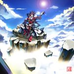  1boy blue_sky cigarette clouds cloudy_sky gairen gloves guilty_gear headband lens_flare long_hair male_focus mountain order-sol ponytail sitting skin_tight sky smoking sol_badguy solo spiky_hair younger 
