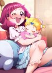  2girls baby barefoot blonde_hair blush closed_eyes commentary_request convenient_leg hayashi_keita highres hug-tan_(precure) hugtto!_precure multiple_girls nono_hana nose_blush one_eye_closed pink_eyes pink_hair precure puffy_short_sleeves puffy_sleeves short_sleeves short_twintails sitting skirt tears twintails wavy_mouth 