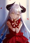  1girl bangs blush choker closed_mouth commentary_request dress hair_between_eyes head_tilt highres long_hair looking_at_viewer original petals red_dress silver_hair slit_pupils smile solo standing urata_asao yellow_eyes 