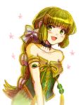  1girl :d bare_shoulders black_choker bow bracelet braid breasts choker commentary_request graphite_(medium) green_eyes green_hair hair_bow hair_ornament hair_ribbon happy jewelry long_hair looking_at_viewer multi-tied_hair open_mouth rabihiko ribbon saga saga_frontier saga_frontier_2 single_braid small_breasts smile solo traditional_media virginia_knights 