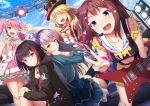  5girls bang_dream! black_hair blonde_hair bow breasts brown_hair choker cleavage closed_eyes closed_mouth collarbone day dress grey_hair guitar hair_bow hair_ornament hairclip hat hood hooded_jacket instrument jacket jewelry long_hair looking_at_viewer maruyama_aya medium_breasts microphone minato_yukina mitake_ran momo_no_kanzume multicolored_hair multiple_girls necklace one_eye_closed open_clothes open_jacket open_mouth outdoors pink_eyes pink_hair short_hair short_twintails sky smile thigh-highs thigh_strap top_hat toyama_kasumi tsurumaki_kokoro twintails two-tone_hair v violet_eyes yellow_eyes 