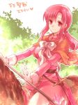  1girl animal ethlin_(fire_emblem) fire_emblem fire_emblem:_seisen_no_keifu gloves horse horseback_riding looking_at_viewer pink_hair red_eyes riding sjkjk55 smile sword weapon 