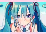  1girl aqua_hair artist_name bangs bare_shoulders blue_eyes blue_neckwear blurry blurry_background blush cake_(isiofb) closed_mouth collared_shirt commentary_request depth_of_field eyebrows_visible_through_hair hair_between_eyes hair_ribbon hand_up hatsune_miku heart_in_eye letterboxed long_hair looking_at_viewer necktie red_ribbon ribbon shirt sleeveless sleeveless_shirt solo twintails vocaloid white_shirt 