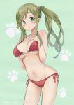  1girl bikini blue_background breasts cowboy_shot eyebrows_visible_through_hair green_eyes green_hair hair_bobbles hair_ornament hands_on_own_chest highres inuyama_aoi large_breasts looking_at_viewer paw_print red_bikini ryan_edian side-tie_bikini side_ponytail simple_background solo swimsuit thick_eyebrows yurucamp 