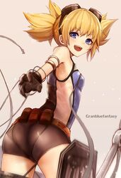  1girl artist_name ass bare_shoulders belt black_gloves blonde_hair blue_eyes copyright_name cowboy_shot fingerless_gloves from_behind gloves goggles goggles_on_head granblue_fantasy highres looking_at_viewer looking_back open_mouth pengy_(granblue_fantasy) short_hair short_shorts short_twintails shorts skindentation solo sweat twintails yukihama 