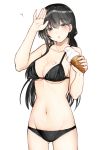  1girl bikini black_bikini black_eyes black_hair breasts cleavage commentary_request cowboy_shot food groin ice_cream kurata_rine long_hair looking_at_viewer low_twintails medium_breasts navel original simple_background solo standing swimsuit twintails white_background 