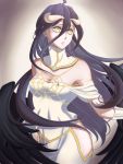  1girl albedo all_along_with_you bare_shoulders black_hair black_wings breasts demon_girl demon_horns demon_wings dress elbow_gloves gloves hair_between_eyes half_gloves highres horns large_breasts overlord_(maruyama) simple_background solo thigh-highs thighs white_dress white_gloves wings yellow_eyes 