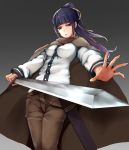  1girl aeve bangs black_hair blue_eyes blunt_bangs breasts brown_legwear cape commentary_request foreshortening gradient gradient_background gradient_hair hair_ribbon high_ponytail holding holding_sword holding_weapon long_hair long_sleeves looking_at_viewer medium_breasts multicolored_hair narberal_gamma open_hand open_mouth overlord_(maruyama) purple_hair ribbon scabbard sheath shirt simple_background solo sword weapon white_shirt yellow_ribbon 