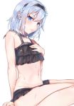  1girl bikini blue_eyes blush commentary_request frilled_bikini frills hair_ornament hairband hand_on_own_chest looking_at_viewer nanakagura navel ryuuou_no_oshigoto! short_hair silver_hair sitting snowflake_hair_ornament solo sora_ginko swimsuit water_drop 