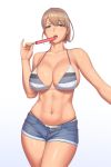  1girl bare_shoulders bikini blue_eyes breasts brown_hair cleavage denim denim_shorts food highres hips intrepid_(kantai_collection) kantai_collection large_breasts looking_at_viewer lvl_(sentrythe2310) navel pinky_out popsicle short_hair short_shorts shorts simple_background skindentation solo sweat swimsuit thighs tongue white_background 