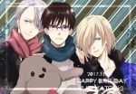  2017 3boys black_hair blonde_hair blue-framed_eyewear blue_eyes brown_eyes dated dog glasses green_eyes hair_over_one_eye happy_birthday katsuki_yuuri kumakazo19840616 makkachin male_focus multiple_boys open_mouth scarf silver_hair smile twitter_username viktor_nikiforov yuri!!!_on_ice yuri_plisetsky 