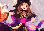  1girl black_gloves brown_hair chacha_(fate/grand_order) dress fate/grand_order fate_(series) gloves grey_background hand_on_hip hat iduhara_jugo long_hair looking_at_viewer obi open_mouth pom_pom_(clothes) rope sash simple_background upper_body 