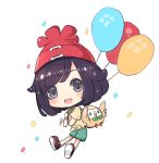  1girl :d backpack bag balloon beanie black_eyes black_footwear black_hair blush brown_shirt chibi commentary_request confetti green_shorts hat holding looking_at_viewer maodouzi mizuki_(pokemon_sm) open_mouth pokemon pokemon_(game) pokemon_sm red_hat rowlet shirt shoes short_shorts short_sleeves shorts simple_background smile solo upper_teeth white_background 