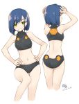  1girl ass bangs bikini blue_hair butt_crack darling_in_the_franxx dimples_of_venus from_behind green_eyes grin hair_ornament hairclip hands_on_hips highres ichigo_(darling_in_the_franxx) looking_at_viewer looking_back multiple_views navel short_hair simelu smile swimsuit white_background white_bikini 