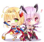  ! 2girls :o ;d animal_ears arm_up bare_shoulders black_footwear black_legwear blonde_hair blue_footwear blue_gloves blush bow breasts bridal_gauntlets cape chibi cleavage commentary_request demon_horns dress elbow_gloves gloves green_eyes hair_bow hair_intakes hair_ornament hand_holding horns large_breasts long_hair looking_at_viewer multiple_girls navel one_eye_closed open_mouth oskulolu outstretched_arm parted_lips purple_hair red_bow shironeko_project shoes single_thighhigh smile soara_(shironeko_project) standing standing_on_one_leg striped striped_bow thigh-highs twitter_username upper_teeth violet_eyes white_background white_cape white_dress white_legwear yukiyuki_441 