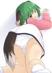  1girl animal_ears bent_over blush commentary_request dog_ears dog_tail dress eyebrows eyebrows_visible_through_hair eyelashes from_behind from_below green_eyes green_hair hand_on_wall highres kasodani_kyouko kazawa_(tonzura-d) kneeling looking_at_viewer open_mouth panties pantyshot pantyshot_(kneeling) pink_dress shadow simple_background sleeves_past_wrists socks solo tail thigh_gap tongue touhou underwear white_background white_legwear white_panties 