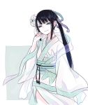  1girl black_hair black_nails chinese_clothes earrings fate/grand_order fate_(series) flower hair_flower hair_ornament hanfu jewelry jing_ke_(fate/grand_order) kanitama_(putyourhead) long_hair long_sleeves looking_at_viewer nail_polish ponytail smile solo white_flower wide_sleeves 