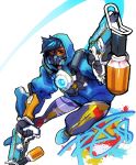  1girl alternate_costume black_hair dual_wielding gas_mask goggles graffiti_tracer gun highres hood hoodie machine_pistol one_eye_closed overwatch robert_porter running solo spandex spray_can tracer_(overwatch) weapon 