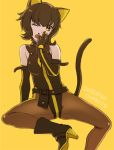  1girl animal_ears bare_shoulders black_gloves black_hair cat_ears cat_tail cherico dated elbow_gloves gloves hand_to_own_mouth nein_(album) one_eye_closed open_mouth rohre short_hair solo sound_horizon tail yellow_eyes 