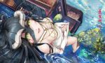  1girl absurdres albedo apartment bare_shoulders black_hair black_wings breasts building demon_girl demon_horns dress elbow_gloves feet gloves hair_between_eyes half_gloves highres horns large_breasts lips long_hair lying overlord_(maruyama) scattered_rain solo thigh-highs thighs tree water white_dress wings yellow_eyes 