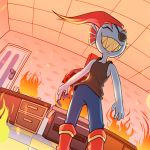  1girl black_shirt blue_legwear blue_skin blush burning door doorknob eyepatch fire head_fins houten_(dre_a_mer) kitchen monster_girl ponytail red_footwear redhead sharp_teeth shirt sleeveless smile solo stove tank_top teeth undertale undyne 