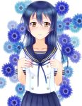  1girl bangs blue_hair blush bow closed_mouth floral_background hair_between_eyes hiro9779 long_hair looking_at_viewer love_live! love_live!_school_idol_project school_uniform solo sonoda_umi yellow_eyes 