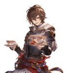 1boy armor brown_hair coffee coffee_cup granblue_fantasy looking_at_viewer male_focus minaba_hideo official_art open_mouth presenting red_eyes sandalphon_(granblue_fantasy) saucer smile solo steam transparent_background upper_body white_day 