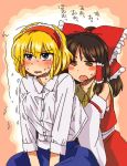 2girls alice_margatroid bare_shoulders blonde_hair blue_eyes blush bon_(rump) bow breast_grab brown_eyes buttons chocolate_hair commentary_request detached_sleeves drooling flying_sweatdrops grabbing hair_bow hair_tubes hairband hakurei_reimu hand_under_clothes lolita_hairband long_hair long_sleeves multiple_girls open_mouth red_bow shirt short_hair sweat sweating touhou white_shirt yuri 