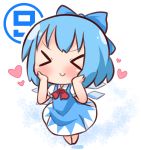  &gt;_&lt; (9) 1girl bangs blue_bow blue_dress blue_hair blush bow chibi cirno closed_eyes closed_mouth collared_shirt commentary_request dress eyebrows_visible_through_hair facing_viewer full_body hair_bow hana_kazari hands_on_own_cheeks hands_on_own_face heart ice ice_wings puffy_short_sleeves puffy_sleeves red_neckwear shirt short_hair short_sleeves sleeveless sleeveless_dress smile solo touhou white_shirt wings 